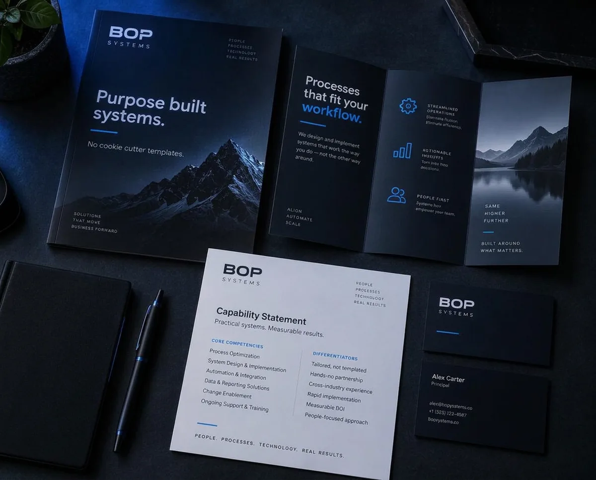 Illustrative BOP white paper, pamphlet and capability statement designs